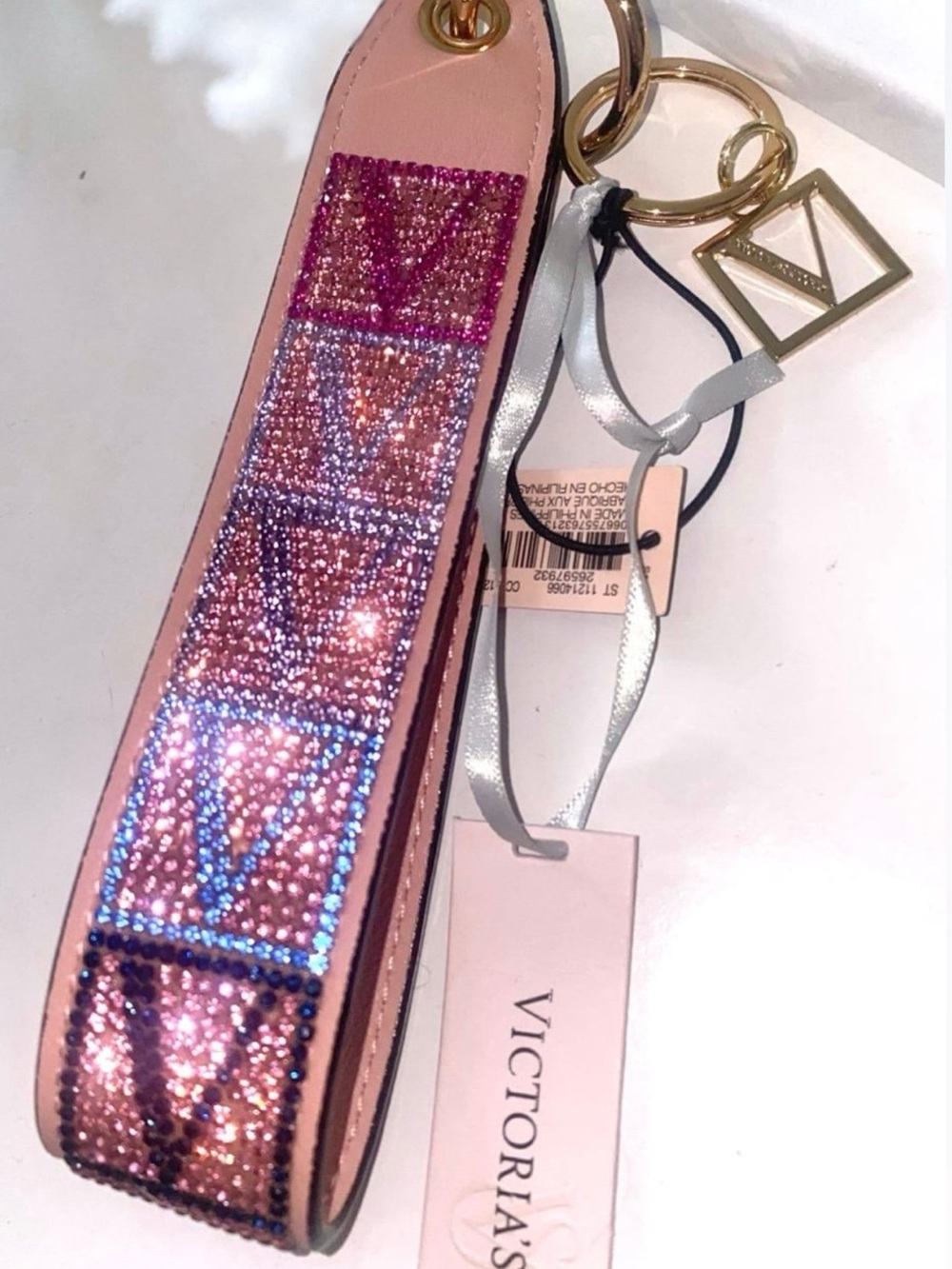 Victoria's Secret Pink Sequin Logo Wristlet Keychain with Gold Rings
